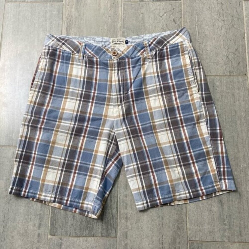 Olde School Brand Flat Front Cotton Chino Shorts Blue White Plaid Men's Size 38